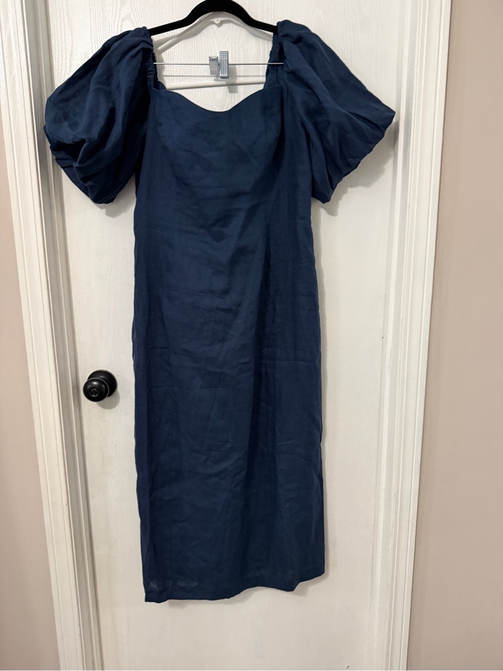 RHODE Navy Puff-Sleeve Midi Linen Dress floral print pics for reference of style